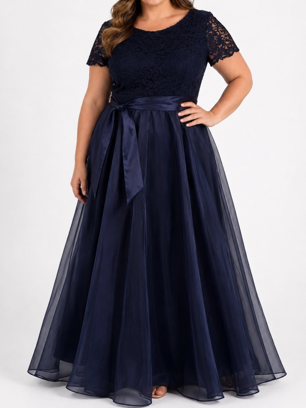 JS Collections Navy Lace Short Sleeve Tulle Maxi with Satin Sash